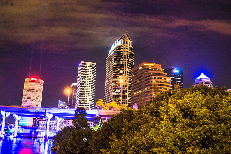 tampa skyline at night from riverwalk